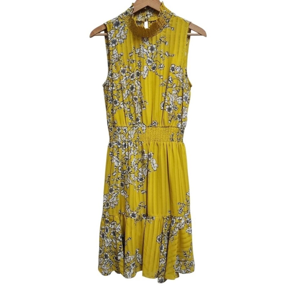 Nanette Lapore Yellow Floral Striped Sleevless Dress Sz 10 Midi Smocked Tiered